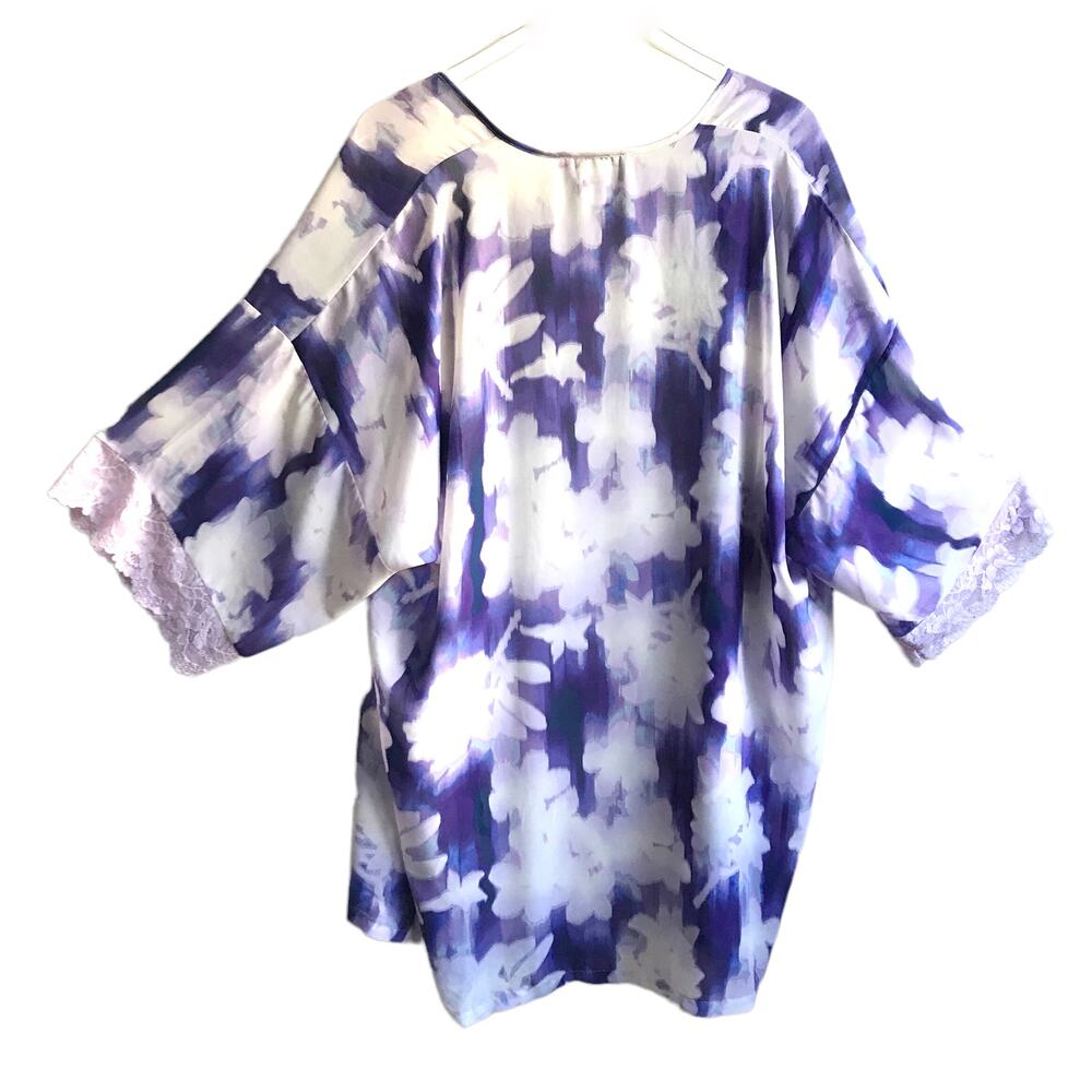 Linea Donatella Purple Floral Robe Size L XL Open Kimono Dressing Gown Lace - Picture 2 of 15